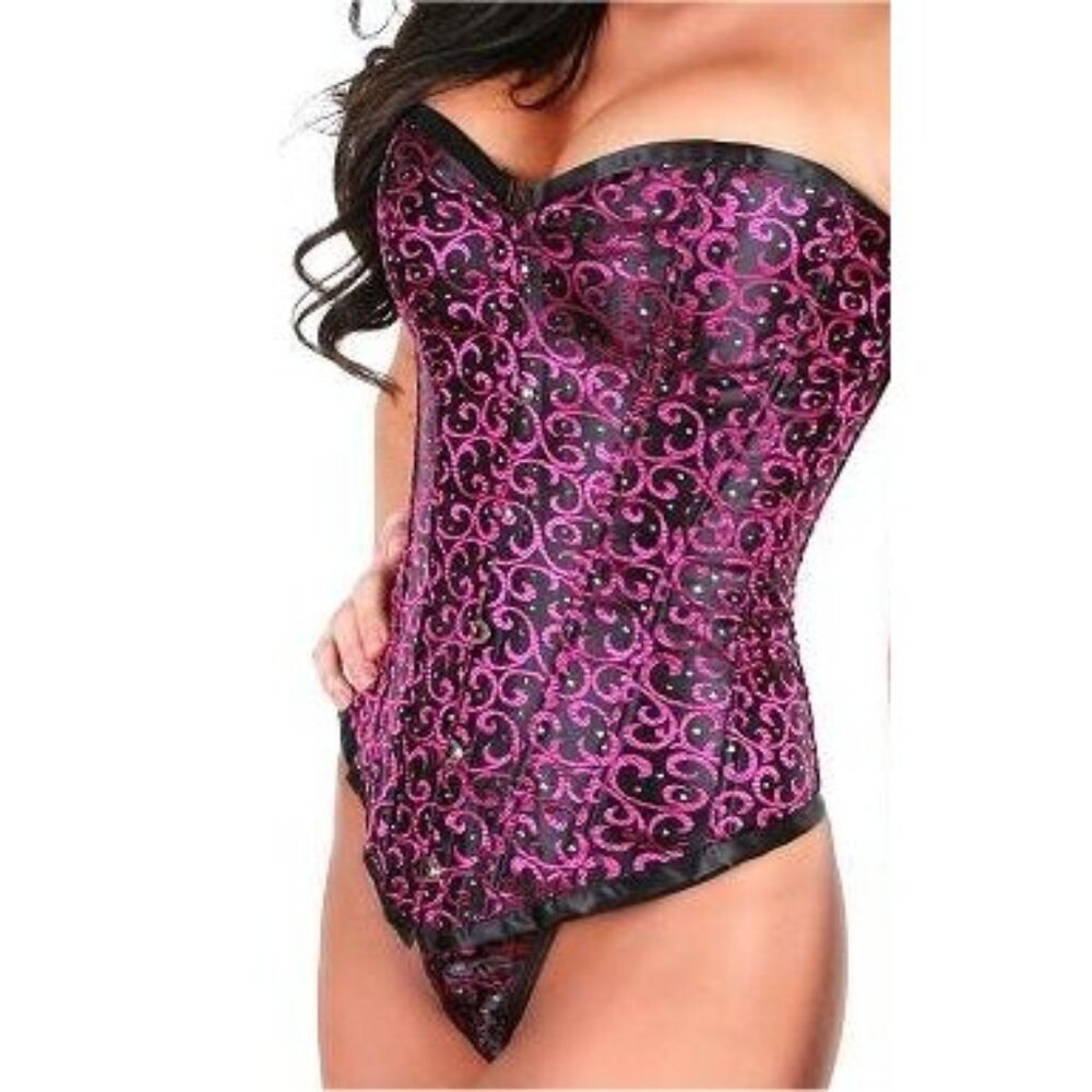 Black Purple Metallic Jacquard Corset Set - NEW